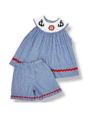 Remember Nguyen Toddler Girls Blue Nautical Anchor Smocked Shorts Outfit Set 3T